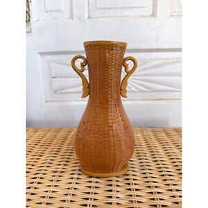 Vintage MCM Chinese Wicker Rattan Woven Bud Vase Carved Wood Handles